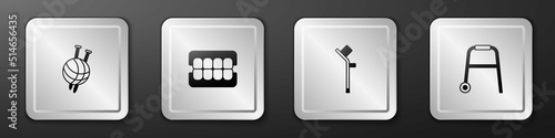 Set Yarn ball with knitting needles, False jaw, Crutch or crutches and Walker icon. Silver square button. Vector