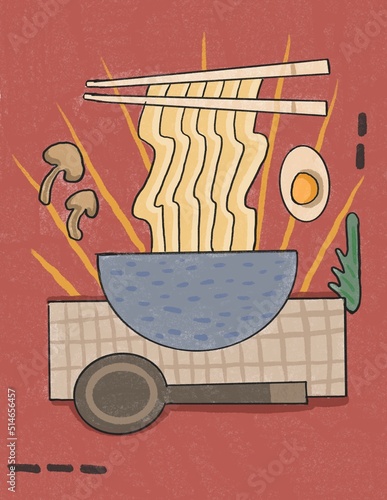 craft poster for noodle, ramen, cafe. paper style illustration japanese food