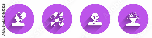 Set Broken heart or divorce, Medicine pill tablet, Tear cry eye and Concussion, headache icon with long shadow. Vector