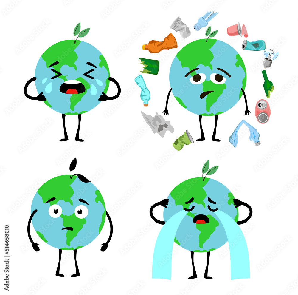 Cute planet earth character set collection. Cartoon planets with ecology  problems without forest breathing, plastic and air pollution. Eco concept.  Eco friendly, save ecology, sick, Earth day concept Stock Vector | Adobe