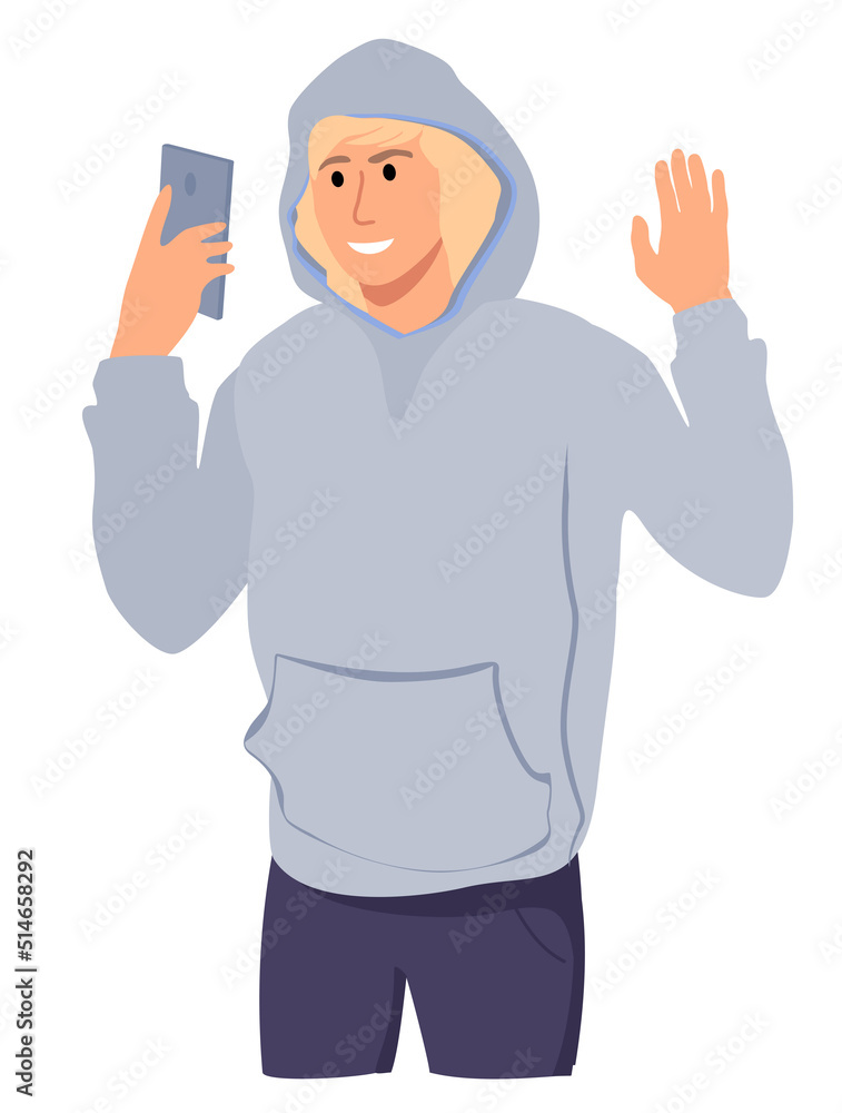 Smiling guy waving hand in greeting for portrait in smartphone camera. Man taking self photo. Mobile phone photography isolated cartoon character on white background. Cartoon Vector Illustration
