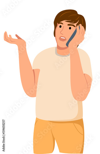 A young man emotionally speaks on a smartphone. Communication Concept. Male Character speaking by cellphone. Teenager with Gadget, student speaking by smartphone, Man with mobile phone. Vector