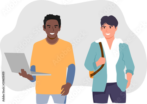 Conversation between two students with backpack and a laptop. Study in College and University students. Men in high school. Young boys characters. Teenager in casual clothes. Vector flat illustration