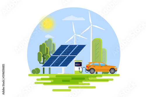Ecology - Electric car -Modern flat vector concept illustration of Solar panels and an electric car.
