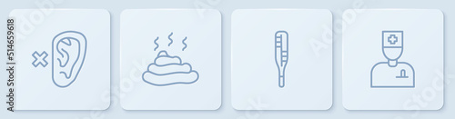 Set line Deaf, Medical thermometer, Shit and Male doctor. White square button. Vector