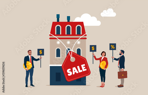 Group of buyers holding bid in hand, sale real estate at auction. Real estate auctions and bidding.
