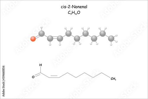 Stylized molecule model/structural formula od cis-2-nonenal. Componant of human smell and green coffee beans.