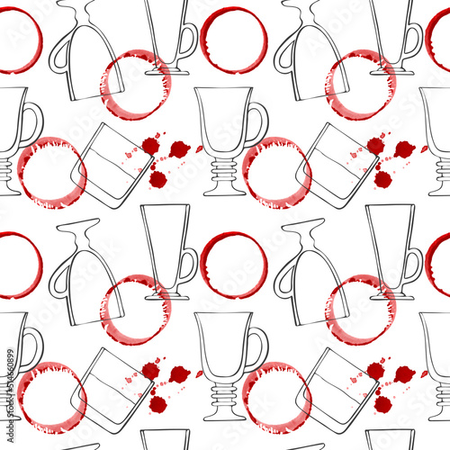 Pattern wine spot and doodling glasses for drinks and whiskey, red watercolor stains, hand drawing. Vector illustration
