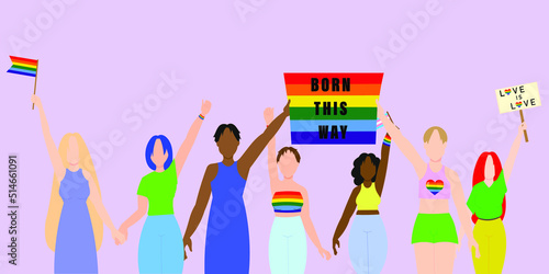 Gay pride parade. An interracial group of gays, lesbians, transsexuals participating in LGBT pride. Vector flat modern style illustration