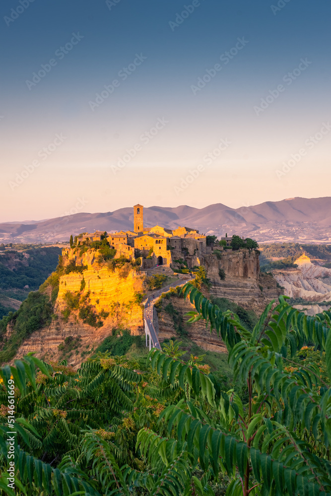 CIVITA DI BAGNOREGIO, ITALY, 7 AUGUST 2021 Beautiful view of the ghost town at sunset
