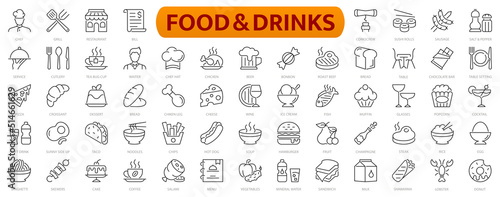 Food and drinks icon set. Seafood, pasta, soup, bread, egg, cake, sweets, fruits, vegetables, drinks, pizza, fish and more line icon.