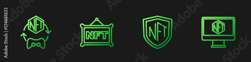 Set line NFT shield, Digital crypto art, and Monitor with store app. Gradient color icons. Vector