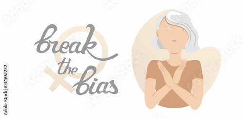 Banner for International Women's Day, albino woman portrait. Movement against discriminatory inequality, stereotypes with the inscription "Break the bias"