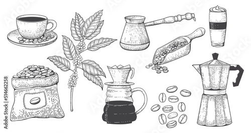 Vintage engraved coffee set. Line art hand drawn engraving style, sketch beans and seeds, antique detailed sack, espresso cup, italian grinder, leaf and mug. Vector illustration silhouette