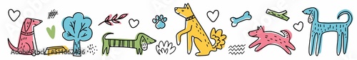 Vector horizontal pattern with dogs drawn by hand