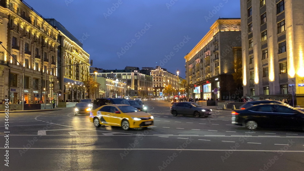 MOSCOW - JULY 14: Car traffic on the main street of Tverskaya on July 14, 2021 in Moscow, Russia