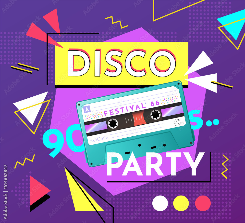 80s party background. Retro dance radio with disco cassette, memphis ...