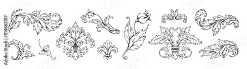 Baroque arabesque floral ornaments. Rococo acanthus curl scrollwork. Engraved Victorian flourish. Flower and decorative leaves isolated elements. Botanical motif. Vector classic set photo