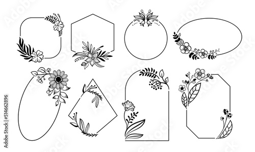 Floral frames. Flower wreaths and circle borders, oval vintage hand drawn simple laurel branch, elegant geometric spring summer cards decoration. Rustic style wedding decor, vector design set