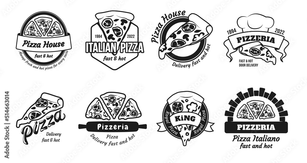 Pizza logo with text. Italian pizzeria label or logotype for menu. Symbol of bakery or party restaurant. Food delivery. Monochrome emblems. Delicious snack. Vector illustration icons set