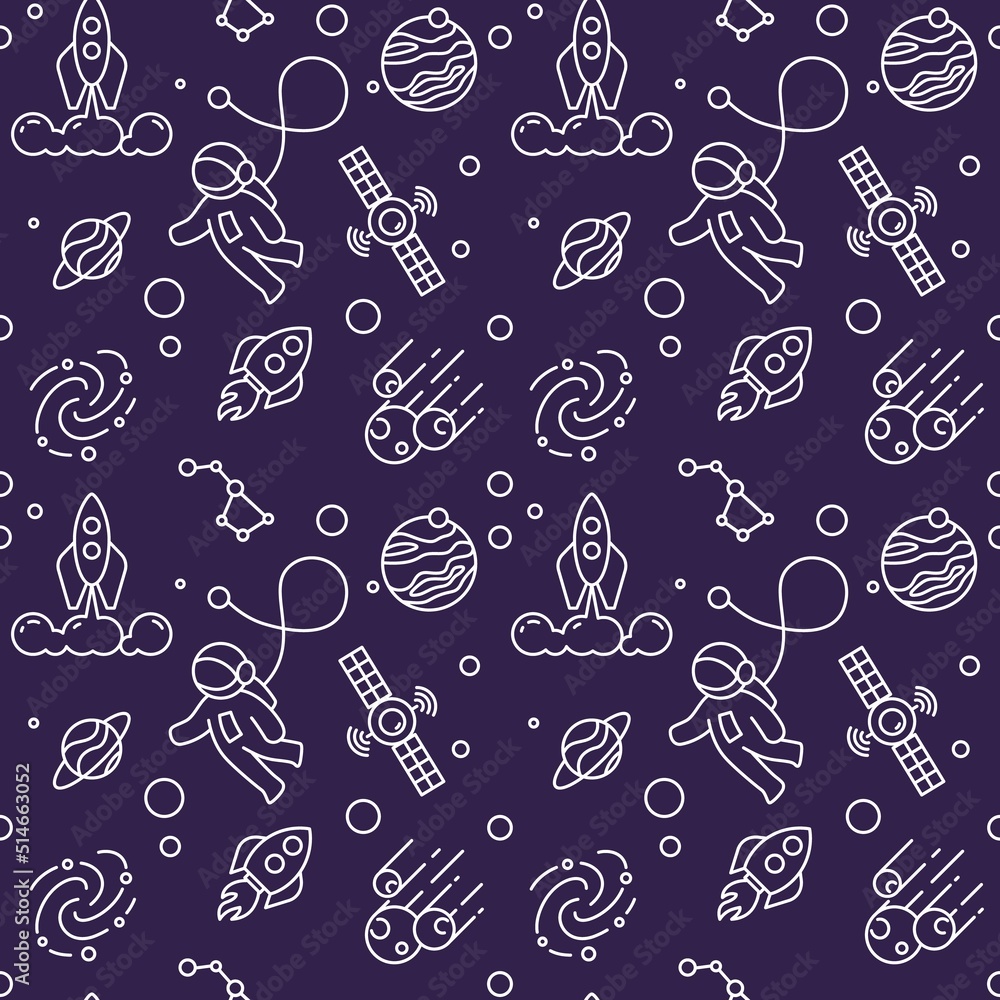 Space pattern. Hand drawn rocket and planet. Doodle sketch with spaceship and satellite. Galaxy discovery. Astronaut in outer cosmos. Cartoon moon and comet. Vector seamless background Space pattern. Hand drawn rocket and planet. Doodle sketch with spaceship and satellite. Galaxy discovery. Astronaut in outer cosmos. Cartoon moon and comet. Vector seamless background