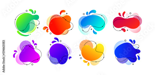 Round shape elements. Abstract flat Memphis logo for title. Liquid geometry amoeba. Fluid gradient color minimal textures. Geometric blobs set. Paint spots. Vector design background