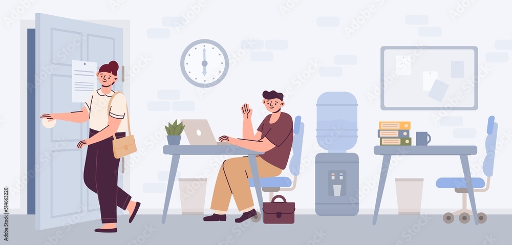 Person opens office door. Woman leaves work room from interview. Employee character finish job meeting. Hiring manager communicates with candidate. Worker exiting doorway. Vector concept