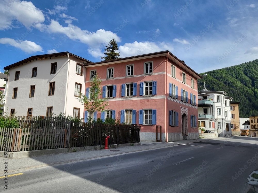 Street view in Zernez, a town in Val Mustair region, Canton Graubunden, Switzerland.