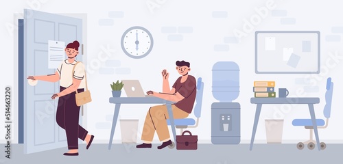 Person opens office door. Woman leaves work room from interview. Employee character finish job meeting. Hiring manager communicates with candidate. Worker exiting doorway. Vector concept