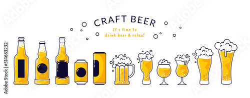 Craft beer bottles. Glass pub can with foam for festival alcohol bar brewery. Minimal mug in box. Summer beverage. Ale pint. Lager cups shapes. Froth drink. Vintage vector poster design