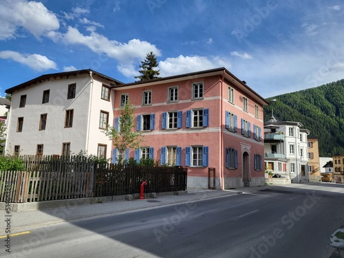 Street view in Zernez, a town in Val Mustair region, Canton Graubunden, Switzerland.