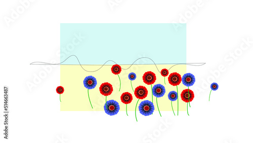 Red and blue flowers on a blue and yellow background. Abstract landscape in the style of minimalism for the design of postcard, cover, poster