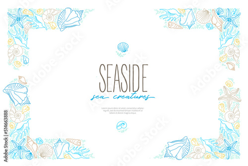 Vector frame, border, vignettes of line art tropical sea elements, seashells, starfish. Doodles of marine life. Sea decor. Ocean, sea creatures. Maritime illustration