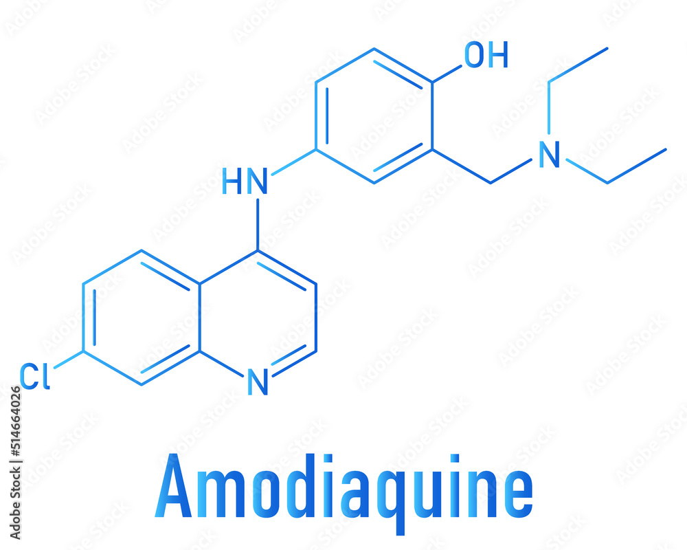 Skeletal formula of Amodiaquine anti-malarial drug molecule Skeletal formula of Amodiaquine anti-malarial drug molecule
