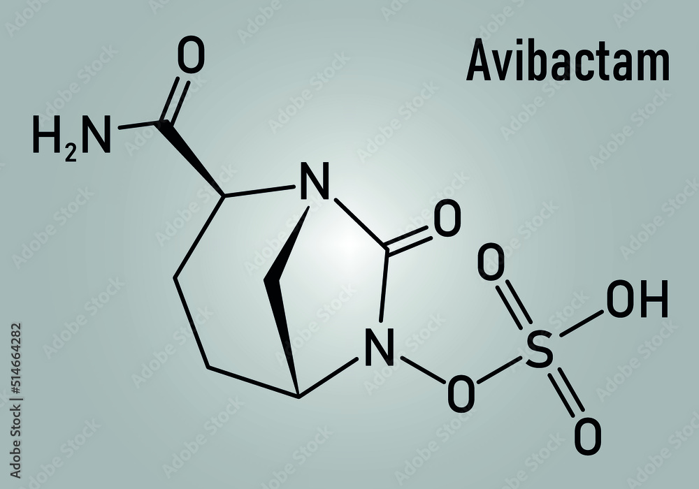 Skeletal formula of Avibactam drug molecule. Beta-lactamase inhibitor given in combination with antibiotics.