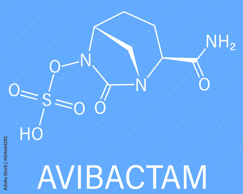 Skeletal formula of Avibactam drug molecule. Beta-lactamase inhibitor given in combination with antibiotics. Skeletal formula of Avibactam drug molecule. Beta-lactamase inhibitor given in combination with antibiotics.