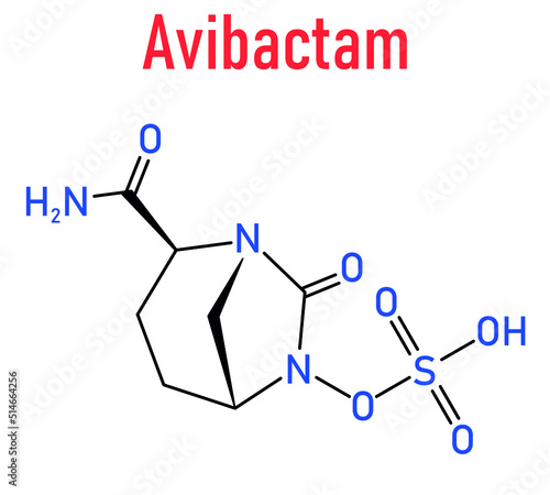 Skeletal formula of Avibactam drug molecule. Beta-lactamase inhibitor given in combination with antibiotics.