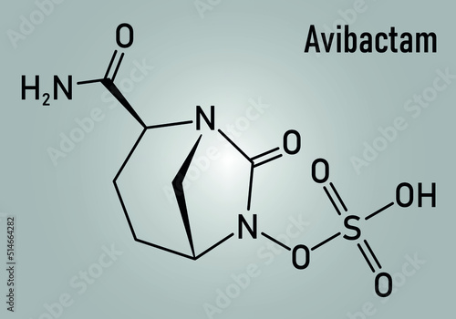 Skeletal formula of Avibactam drug molecule. Beta-lactamase inhibitor given in combination with antibiotics.