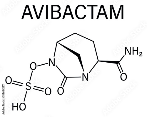 Skeletal formula of Avibactam drug molecule. Beta-lactamase inhibitor given in combination with antibiotics.