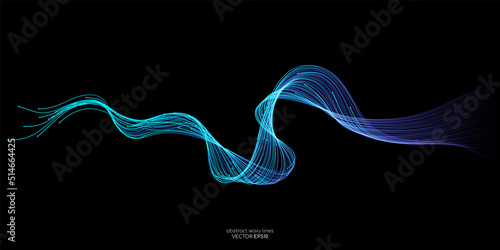 Vector abstract light lines wavy flowing dynamic in blue green colors isolated on black background for concept of AI technology, digital, communication, 5G, science, music