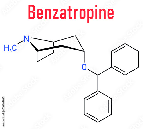 Skeletal formula of Benzatropine or benztropine anticholinergic drug molecule. Used in treatment of Parkinson's disease and Parkinsonism.