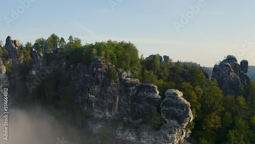 SAXON SWITZERLAND, Sächsische Schweiz, GERMANY. Aerial View by day. Beautiful tourist destination and attraction from above. 4K drone.  (Fall 2021, Original 4K)