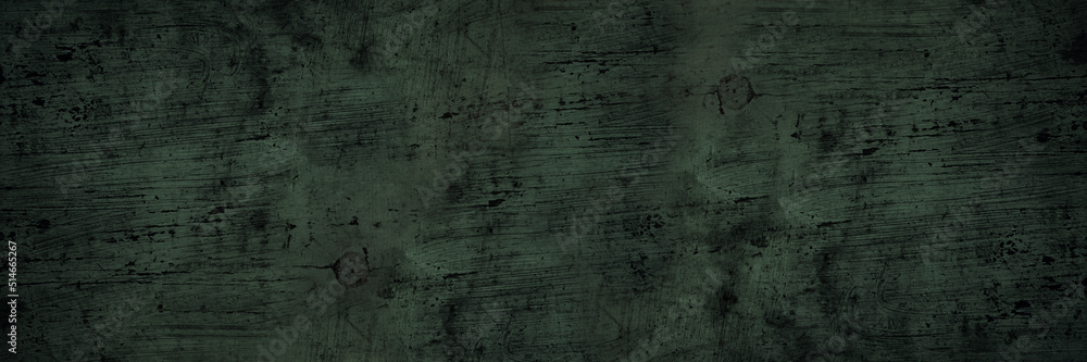 Black green wood texture. Old dirty painted wooden board surface. Close-up. Rustic vintage background with space for design. Web banner. Wide. Panoramic. Distressed, grungy, creepy.