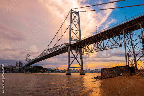 Fototapeta Naklejka Na Ścianę i Meble -  Hercilio luz cable stayed bridge with sunset sky in Florianopolis