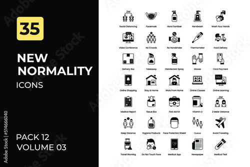 New Normality Icons Collection. Set contains such Icons as Social Distancing, Hand Sanitizer, No Handshake, No Crowds, and more.