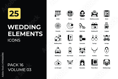  Wedding elements Icons Collection. Set contains such Icons as Wedding, Wedding Ring, Bride, and so more