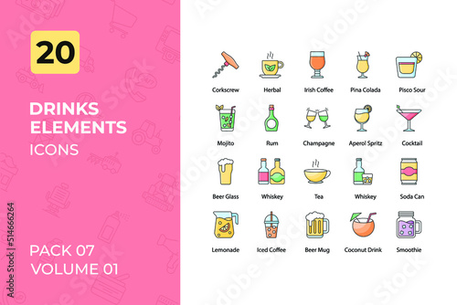 Drinks Icons Collection. Set contains such Icons as Herbal, Pina Colada, Champagne, Red Wine, and more.