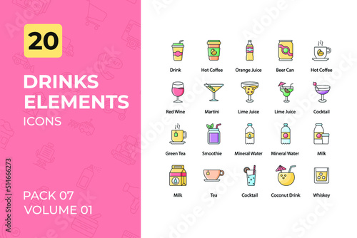 Drinks Icons Collection. Set contains such Icons as Herbal, Pina Colada, Champagne, Red Wine, and more.