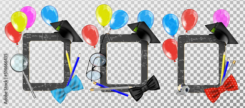 A set of props for a photo booth at a graduation party. A concept for selfies. Frame with lid for gradations. Congratulations, graduate quote. Vector illustration.