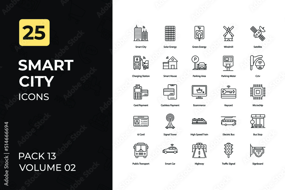 Smart City Icons Collection. Set contains such Icons as Solar Energy, Green Energy, Parking Area, Bus Stop, and more.